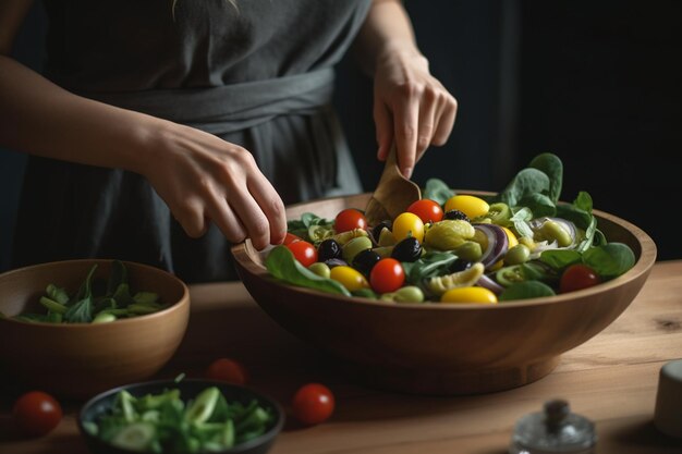 Eine Frau bereitet einen Salat in einer Holzschüssel zu.