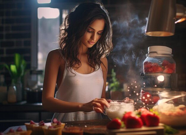 Foto eine frau bereitet in der küche desserts vor