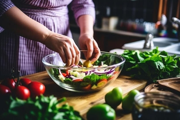 Eine Frau bereitet in einer Küche einen Salat zu