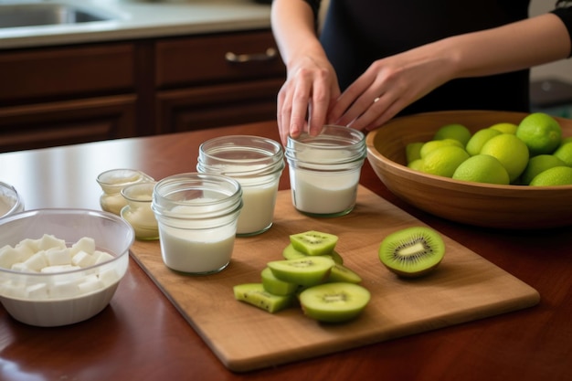 Eine Frau bereitet Kiwi-Scheiben für ihren griechischen Joghurt-Parfait vor