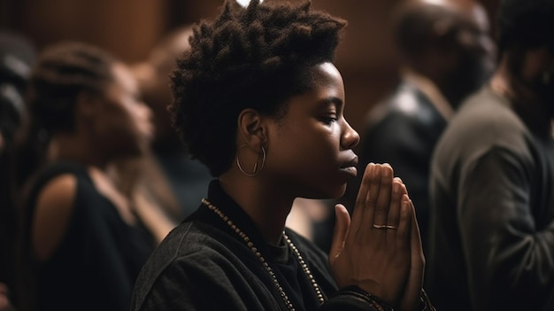 Eine Frau betet in einer Kirche mit gefalteten Händen und dem Wort Gott auf der Vorderseite.