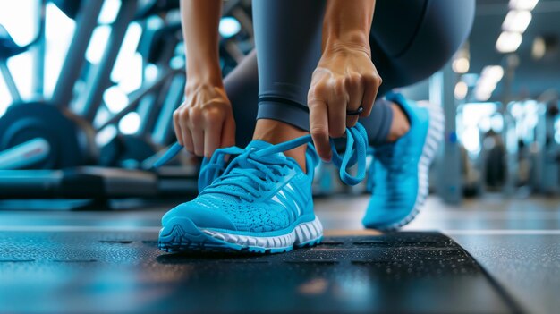 Eine Frau bindet die Schnürsenkel ihrer Sneakers, um im Fitnessstudio zu trainieren.