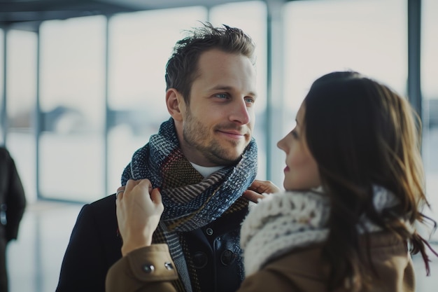 Eine Frau bindet einen Schal um den Hals eines Mannes, bevor er an Bord geht