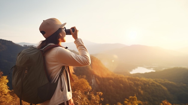 Eine Frau blickt durch ein Fernglas auf eine Berglandschaft.