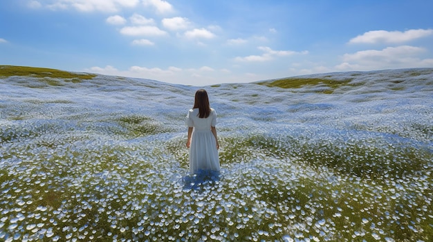 Eine Frau blickt in einer Blumenwiese in den Himmel.