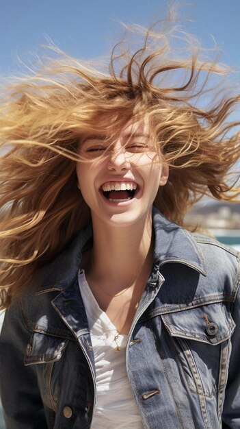 Foto eine frau, deren haare im wind wehen