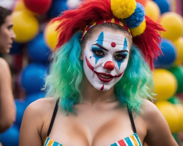 Eine Frau, die als Clown auf einem Karneval gekleidet ist