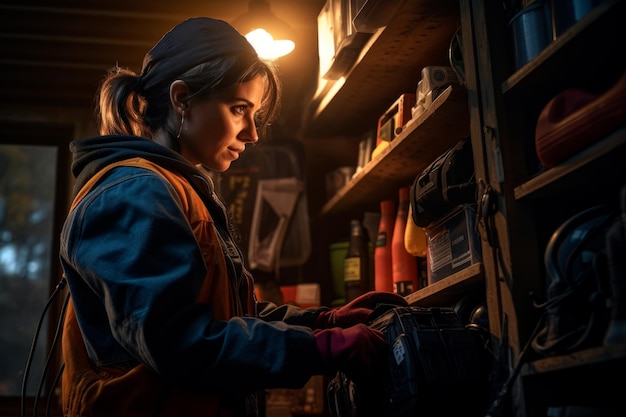 Eine Frau, die an einem Arbeitstisch einer Mechanikerwerkstatt mit künstlicher Intelligenz arbeitet