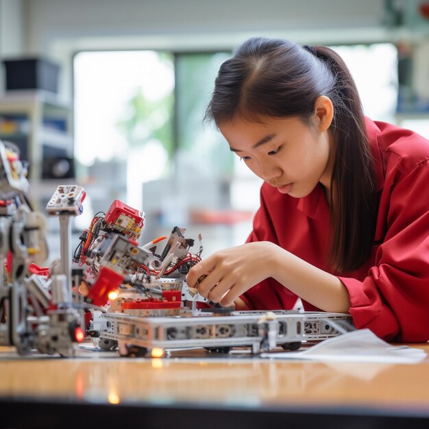 Eine Frau, die an einem Roboter aus Legosteinen arbeitet