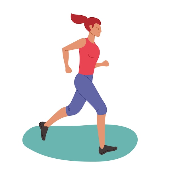Eine Frau, die an einem sonnigen Tag auf einem hellblauen Hintergrund joggt und Sportbekleidung trägt
