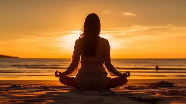 Eine Frau, die an einem Strand meditiert, während die Sonne hinter ihr untergeht.