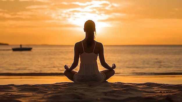 Eine Frau, die an einem Strand meditiert, während die Sonne hinter ihr untergeht.