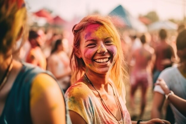 Eine Frau, die auf dem Festival feiert, lächelt und freut sich mit Freunden, die mit generativer KI erstellt wurden