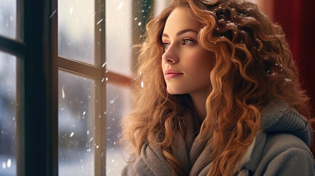 eine Frau, die aus einem Fenster in die ruhige, schneebedeckte Natur schaut und die Schönheit und Ruhe des Winters hervorruft