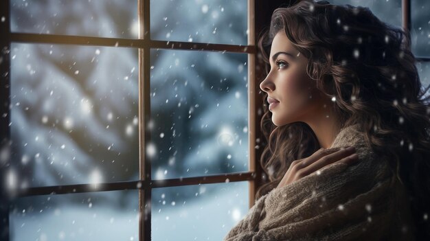 eine Frau, die aus einem Fenster in die ruhige, schneebedeckte Natur schaut und die Schönheit und Ruhe des Winters hervorruft