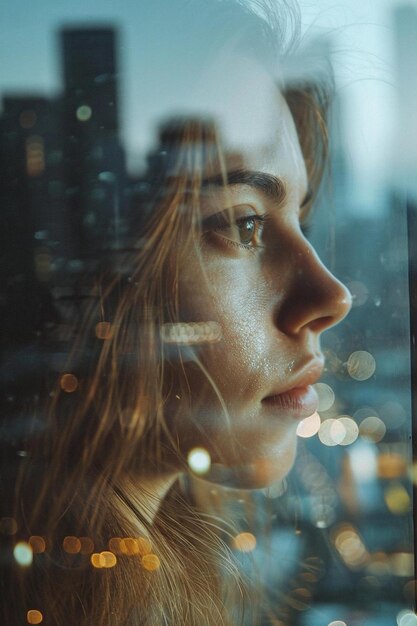 eine Frau, die aus einem Fenster in eine Stadt schaut