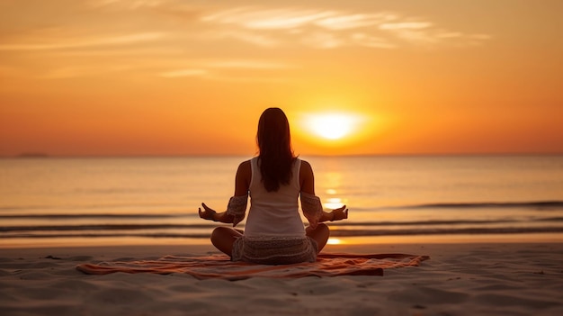 Eine Frau, die bei Sonnenuntergang am Strand meditiert