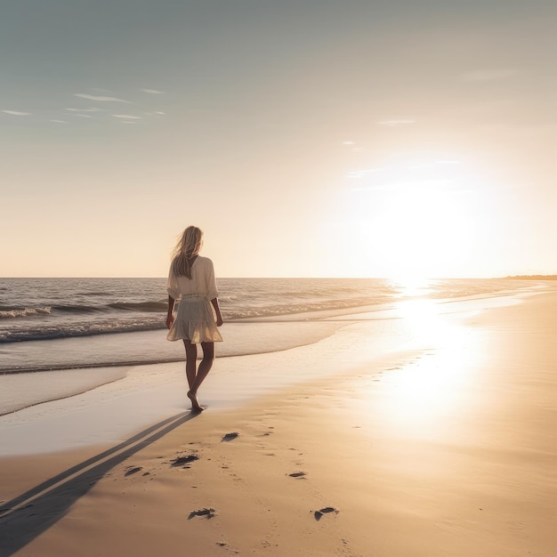 Eine Frau, die bei Sonnenuntergang am Strand spazieren geht