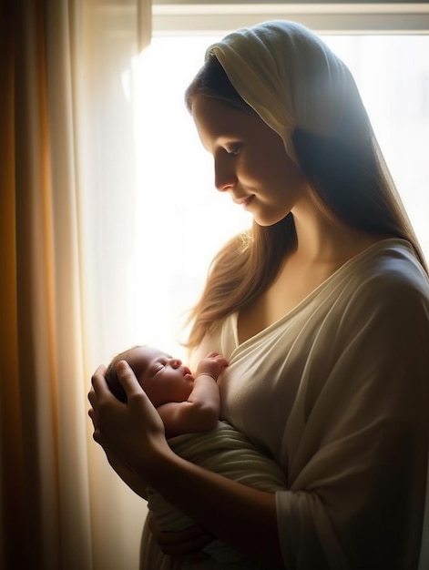 Eine Frau, die ein Baby im Arm hält.