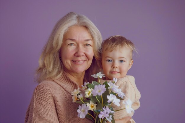 eine Frau, die ein Baby und einen Blumenstrauß hält