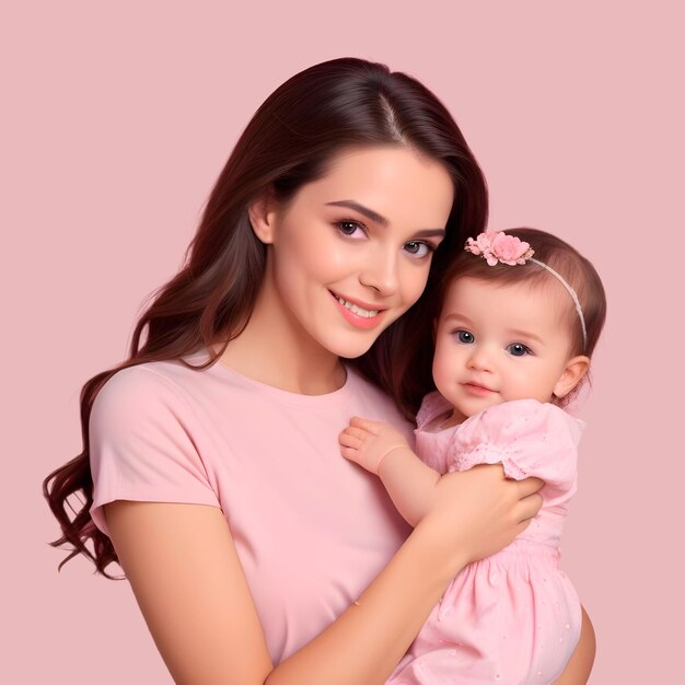 Foto eine frau, die ein baby und einen rosa hintergrund mit einem baby hält