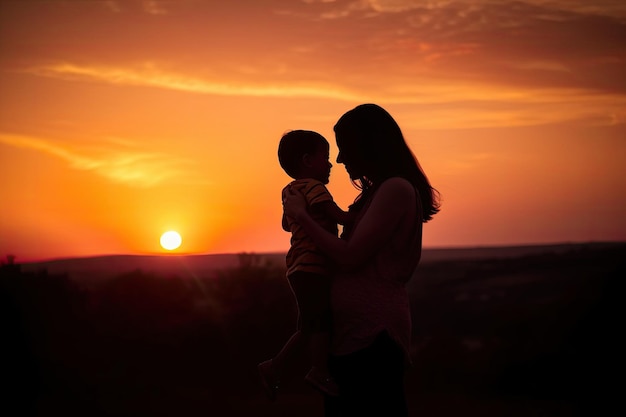 Eine Frau, die ein Baby vor einem Sonnenuntergang hält