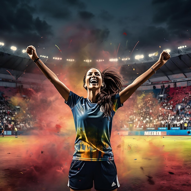 eine Frau, die ein blau-gelbes Trikot trägt, weibliches Fußballkonzept
