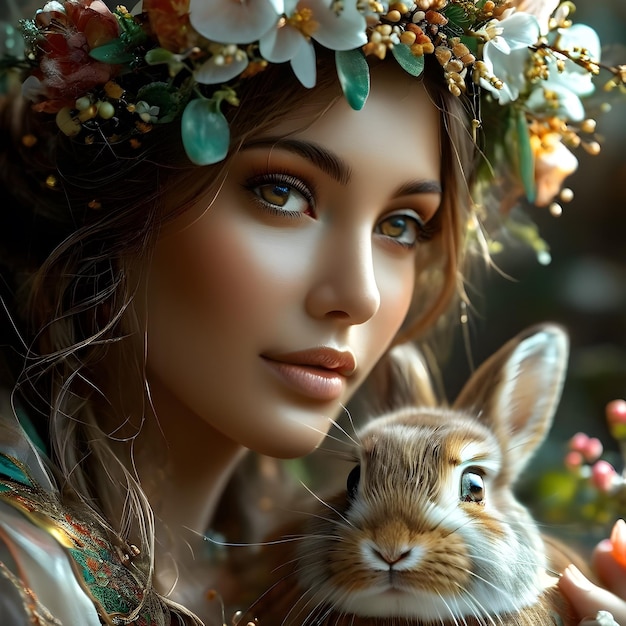 eine Frau, die ein Kaninchen und ein Kaninche in ihrer Hand hält