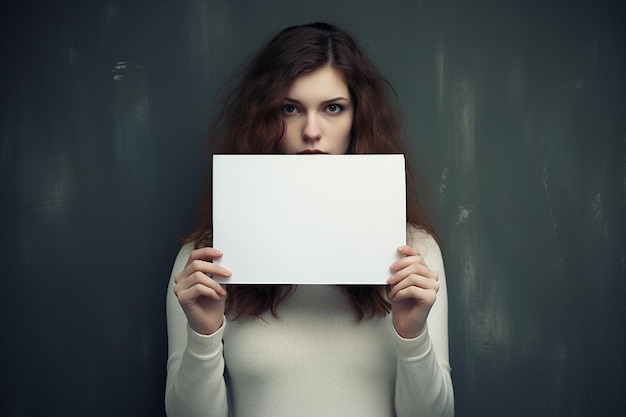 Foto eine frau, die ein leeres papier hält, auf dem steht: