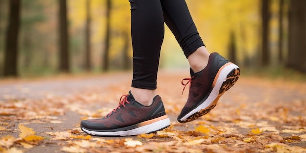 Eine Frau, die ein Paar Laufschuhe trägt, läuft durch die Herbstblätter.