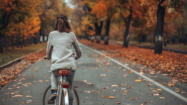 eine Frau, die ein Roadster-Fahrrad auf der Straße in der Herbstsaison hält