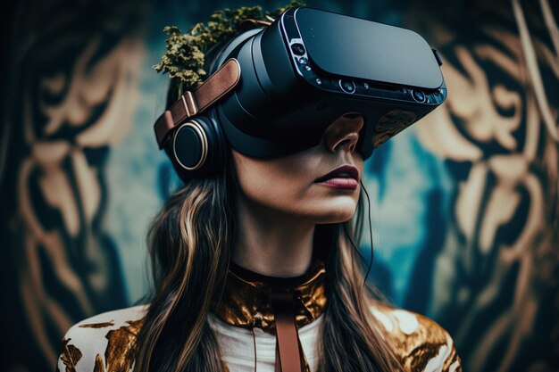 Eine Frau, die ein schwarzes VR-Headset mit einer goldenen Krone auf dem Kopf trägt.