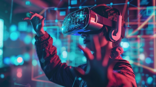 Eine Frau, die ein VR-Headset in einem dunklen Raum benutzt und in lila virtuelle Unterhaltung vertieft ist