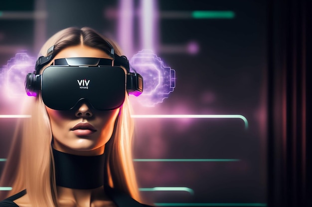 Eine Frau, die ein VR-Headset mit dem Wort Vive trägt.