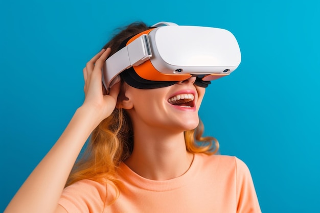 Eine Frau, die ein VR-Virtual-Reality-Headset trägt, digitale Kunst