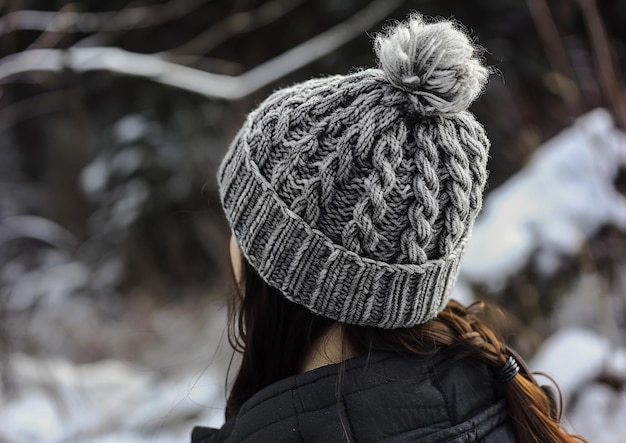 eine Frau, die eine Beanie mit einem Pom-Pom drauf trägt