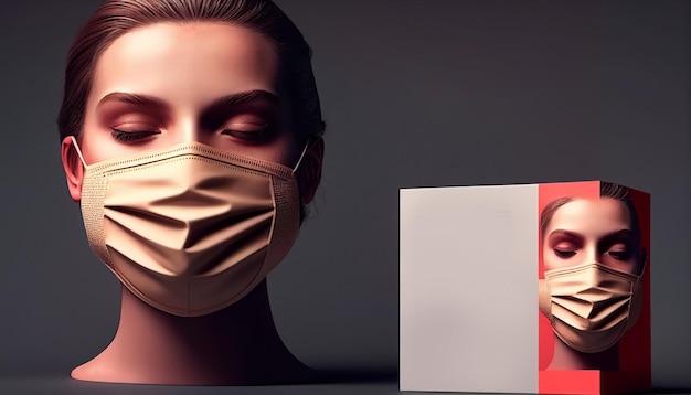 Eine Frau, die eine Gesichtsmaske und eine Schachtel mit roten und weißen Schachteln trägt