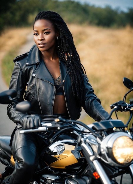 eine Frau, die eine Lederjacke und Lederhandschuhe trägt, sitzt auf einem Motorrad