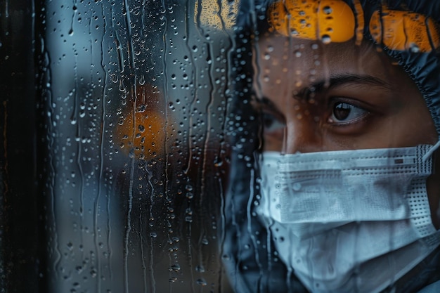 Eine Frau, die eine Maske und einen Regenmantel trägt, schaut aus dem Fenster