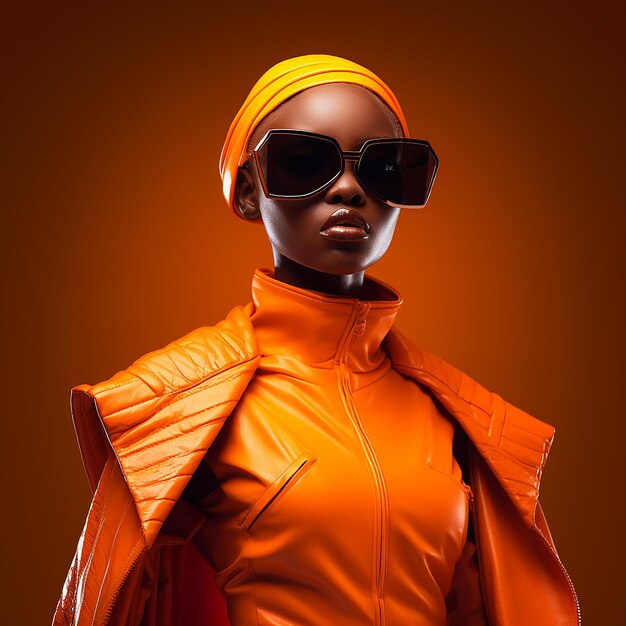 Eine Frau, die eine orangefarbene Jacke und eine Sonnenbrille trägt.