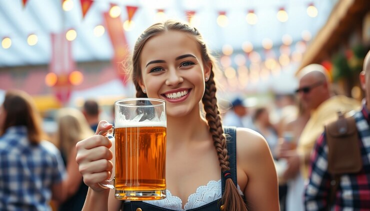 Foto eine frau, die einen becher bier hält und mit einem großen glas bier in der hand lächelt
