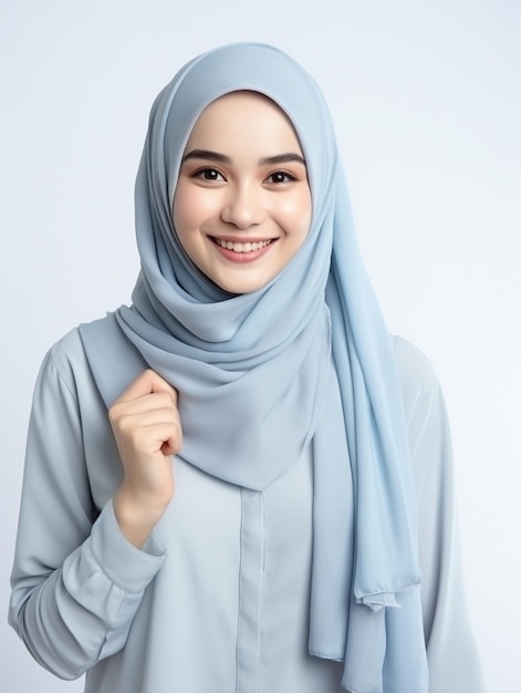 eine Frau, die einen blauen Hijab trägt und ein Lächeln im Gesicht hat.