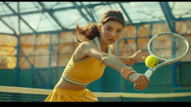 eine Frau, die einen gelben Rock trägt und ein gelbes Rock spielt Volleyball