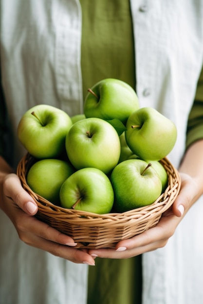 eine Frau, die einen grünen Apfel hält und einen Bissen aus ihm nimmt, mit einem Korb mit Äpfeln im Hintergrund