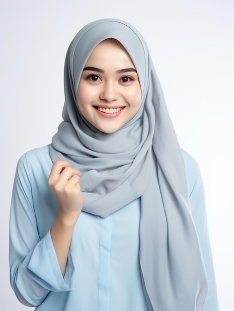 eine Frau, die einen Hijab mit einem blauen Hemd auf weißem Hintergrund trägt