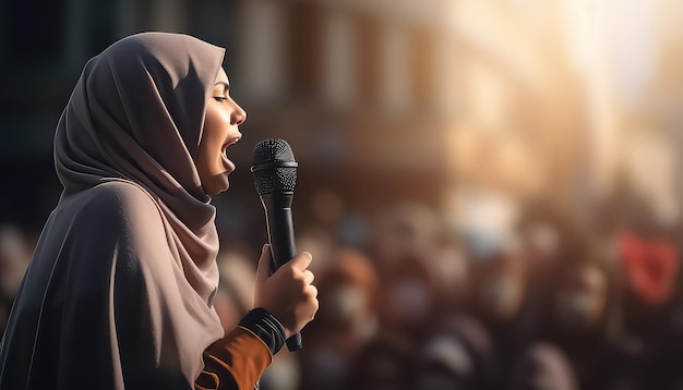 eine Frau, die einen Hijab trägt, hält ein Mikrofon in einer Menschenmenge hoch
