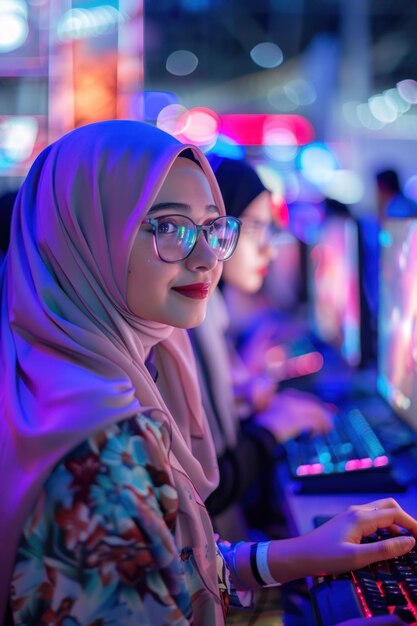 Eine Frau, die einen Hijab trägt, konzentriert sich auf den Gebrauch eines Computers