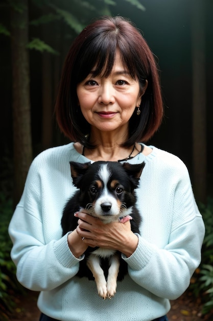 Eine Frau, die einen Hund hält, der einen blauen Pullover trägt.