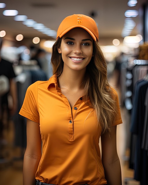 eine Frau, die einen orangefarbenen Hut und ein Hemd mit dem Wort trägt, dass sie einen Hut trägt