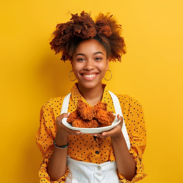 Foto eine frau, die einen teller mit essen mit einem gelben hintergrund hält